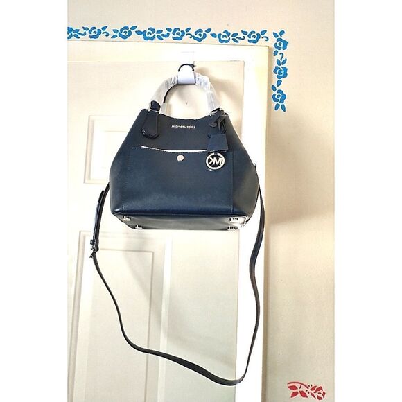New! MICHAEL KORS Leather Greenwich Large Grab Bag Handbag Crossbody Navy Blue - Picture 13 of 16